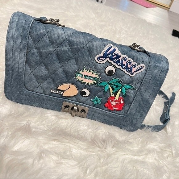 Steve Madden Vintage Denim Chain Bag with Patches Chanel Vibes - Picture 3 of 13